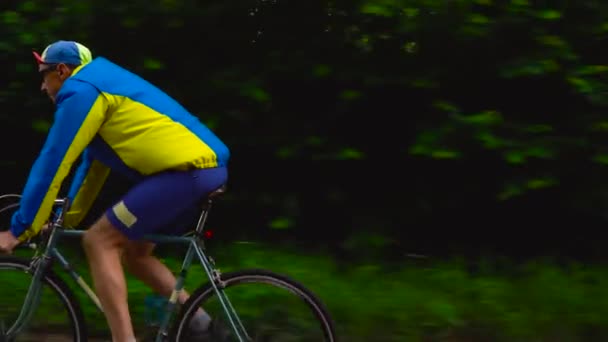 Μεσήλικας άνδρας είναι ιππασίας ένα ποδήλατο δρόμου κατά μήκος ενός δρόμου δάσους - Πλάνα, βίντεο