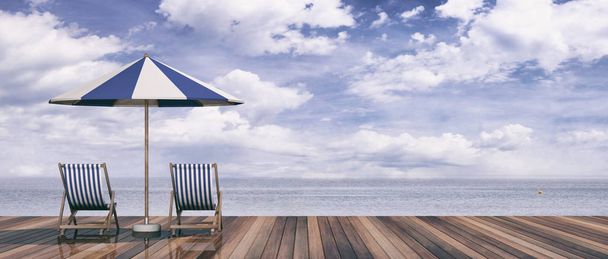 Ligstoelen en parasol op blauwe hemel en zee achtergrond. 3D illustratie - Foto, afbeelding