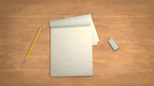 Notebook potlood en gum op een bureau in Stop Motion - Video