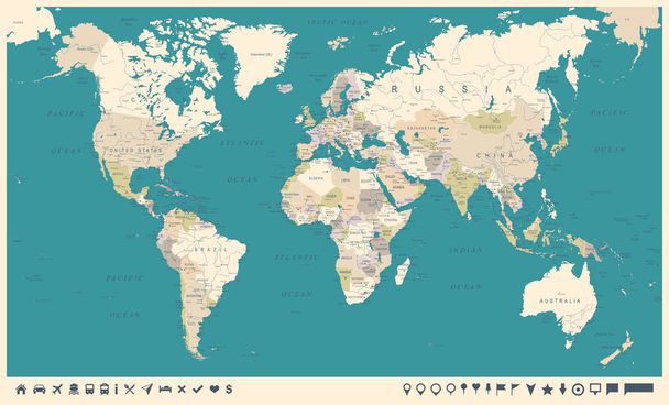 Vintage World Map and Markers - Vector Illustration - Vector, Image