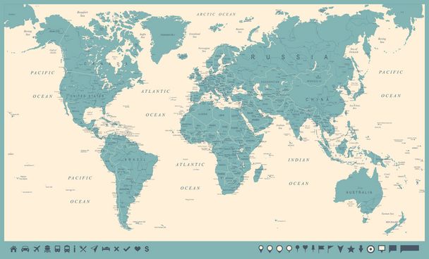 Винтажная карта мира и маркеры - векторная иллюстрация
 - Вектор,изображение
