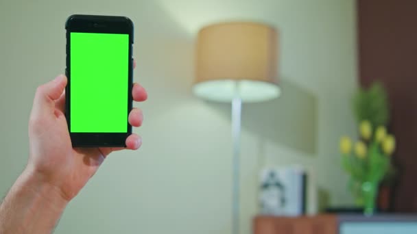 Manos masculinas sosteniendo un teléfono con una pantalla verde - Imágenes, Vídeo