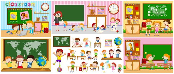 Verschiedene Szenen von Klassenzimmern mit Kindern - Vektor, Bild