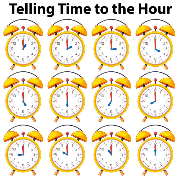 Λέγοντας την ώρα στην ώρα σε κίτρινο ρολόι - Διάνυσμα, εικόνα
