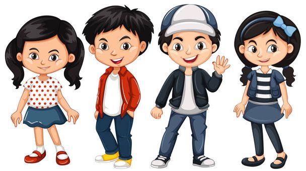 Cuatro niños asiáticos con cara feliz
 - Vector, Imagen