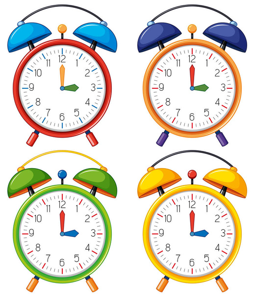 Four alarm clocks with different time - Vector, Image