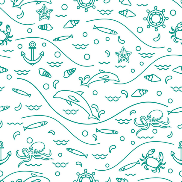 Cute seamless pattern with dolphins, octopus, fish, anchor, helm - Vektor, Bild