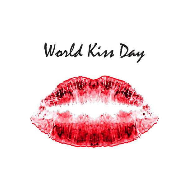 世界のキスの日。7 月 6 日。水彩赤い唇。唇とキスの跡。印刷します。孤立した背景のベクトル図 - ベクター画像