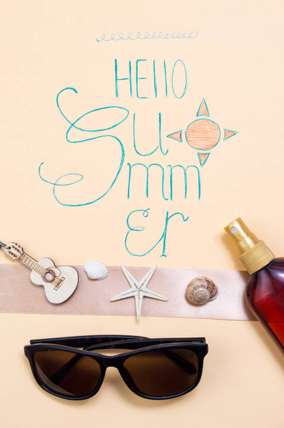 Hello Summer calligraphy card with seasonal accessories - Фото, изображение