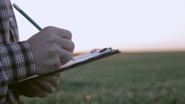 Farmer at dawn writes something in a notebook. Slow motion - Кадры, видео
