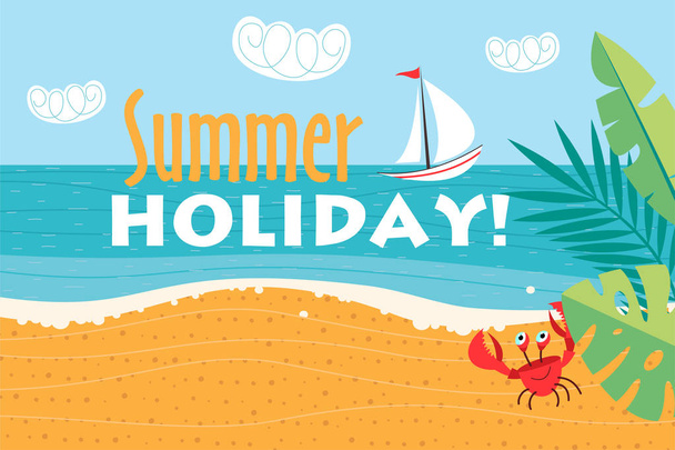 Vacaciones de verano! Ilustración vectorial, fondo, mar, playa de arena, yate, verano
. - Vector, imagen