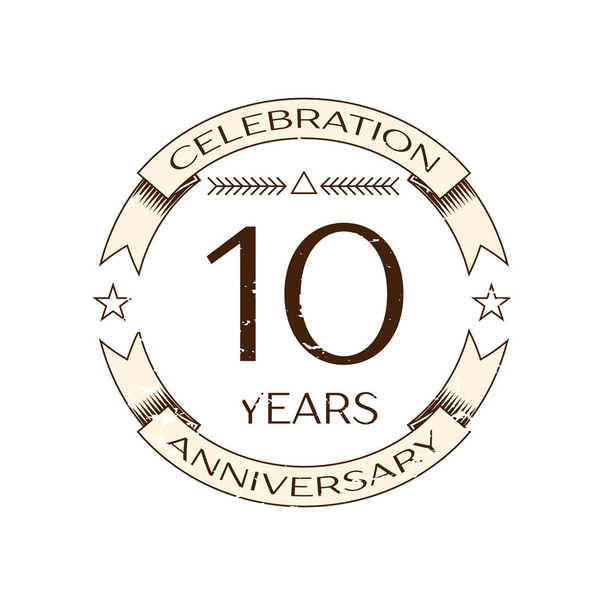 Realistic ten years anniversary celebration logo with ring and ribbon on white background. Vector template for your design - Vector, Image