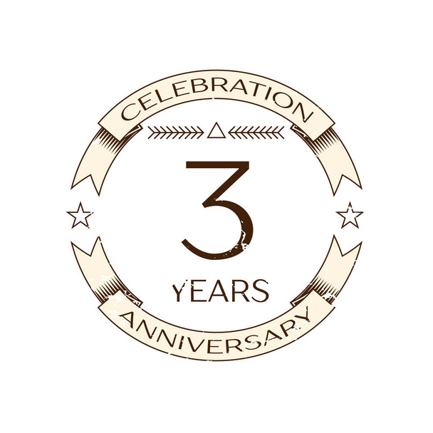 Realistic three years anniversary celebration logo with ring and ribbon on white background. Vector template for your design - Vector, Image