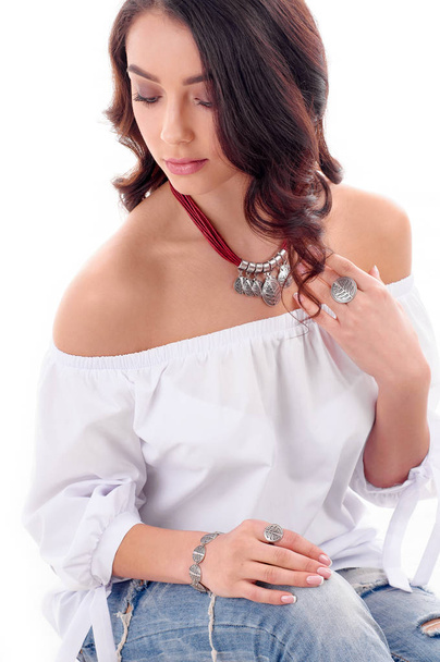 luxury, jewelry and fashion concept. Long brown hair model with  - Foto, imagen