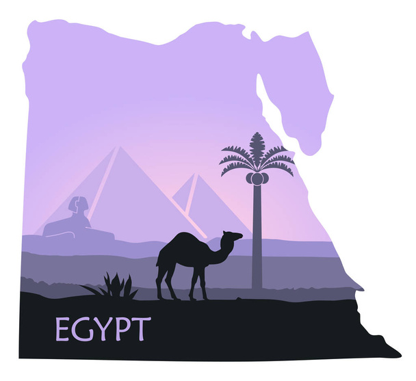 Το τοπίο της Αιγύπτου με μια καμήλα, οι πυραμίδες και η Σφίγγα με τη μορφή των χαρτών - Διάνυσμα, εικόνα