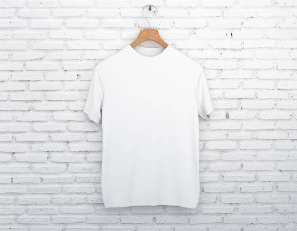 Wooden hanger with empty white t-shirt hanging on light concrete background. Apparel concept. Mock up. 3D Rendering - Foto, Bild