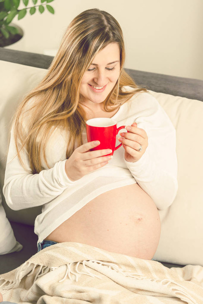 Cu ile kanepede oturan mutlu gülümseyen hamile kadın portresi - Fotoğraf, Görsel