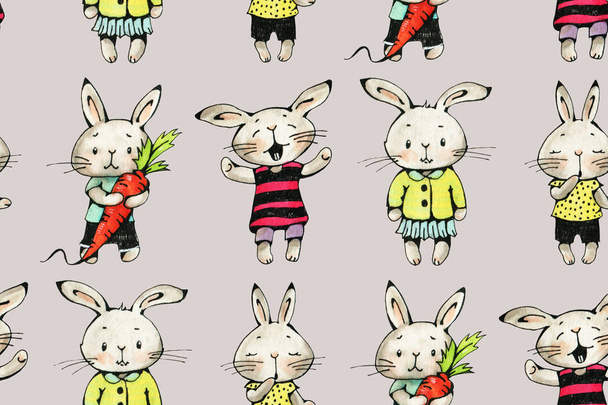 面白い漫画のウサギのシームレス パターン  - 写真・画像