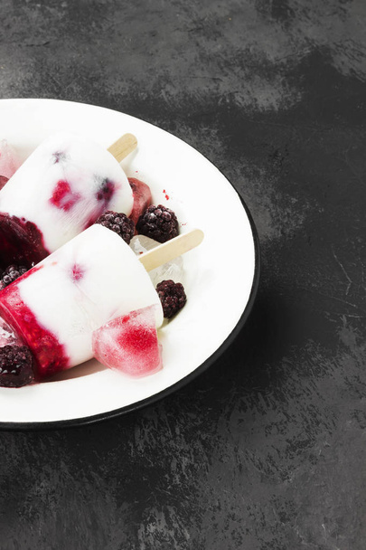 Ice cream from yogurt / coconut milk with blackberry and raspber - Fotoğraf, Görsel