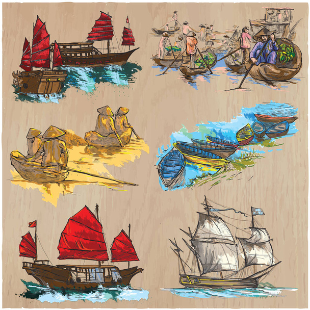 Barcos - Um pacote vetorial colorido desenhado à mão. Linha de arte
. - Vetor, Imagem