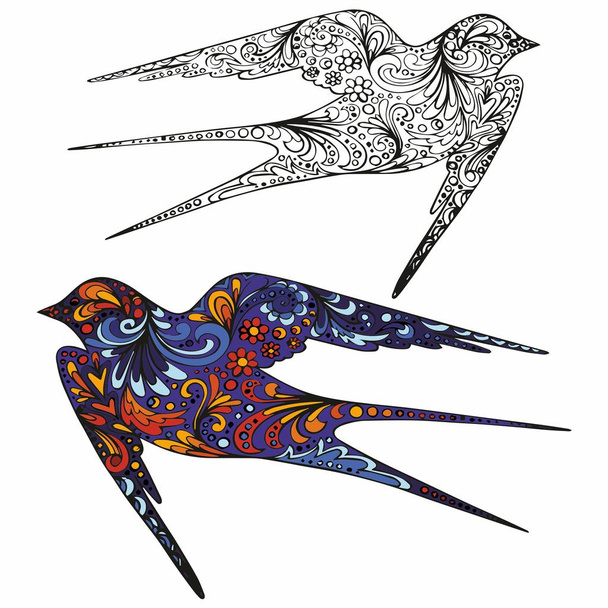 Swallow. Hand drawing. Colorful vector illustration and outline. Decorative pattern for design - Vetor, Imagem