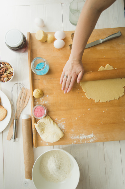 Baking ingredient on wooden table wooden making dough for cookie - 写真・画像