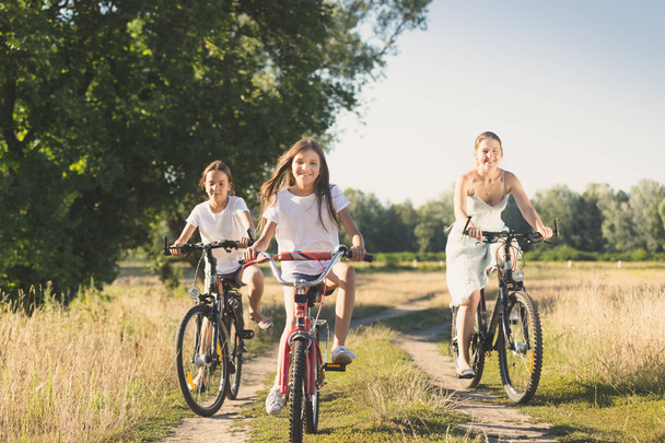 Família andando de bicicleta no prado no dia ensolarado
 - Foto, Imagem
