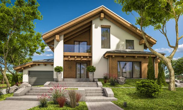 dağ evi tarzı modern rahat evde 3D render  - Fotoğraf, Görsel