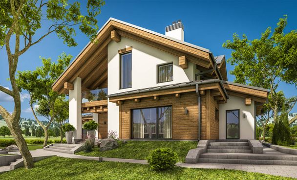 3d rendering of modern cozy house in chalet style  - Фото, изображение