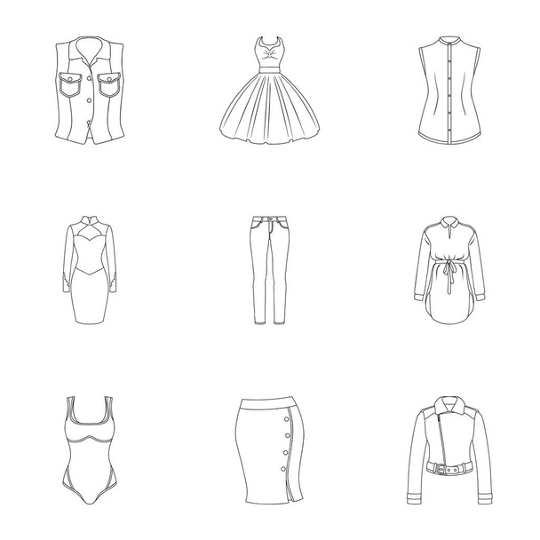 Collection of icons of womens clothing. Various womens clothes for work, walking, sports. Women clothing icon in set collection on outline style vector symbol stock illustration. - Διάνυσμα, εικόνα