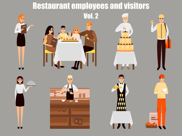 Το εστιατόριο εργαζομένων χαρακτήρες κινουμένων σχεδίων. Άνθρωποι που εργάζονται στο εστιατόριο απομονωμένη. Οικογένεια έχοντας το γεύμα στο καφέ. Εικονογράφηση διάνυσμα σε επίπεδη στυλ σχεδιασμού - Διάνυσμα, εικόνα