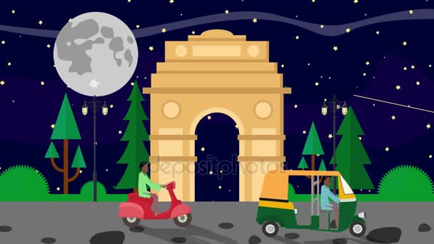 Cartoon Índia Gate em Delhi em uma noite de lua cheia com Rickshaws Passando por
 - Filmagem, Vídeo