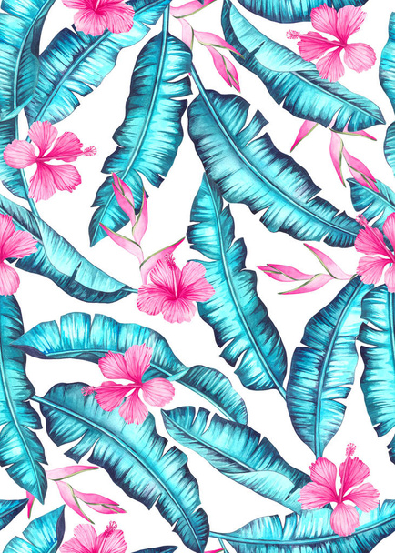seamless banana leaves pattern with hibiscus and heliconia flowers - Foto, immagini