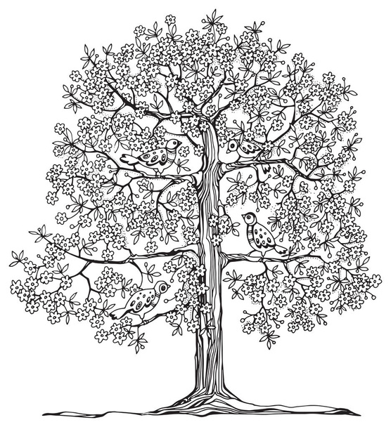 Hand drawn tree with birds - Διάνυσμα, εικόνα