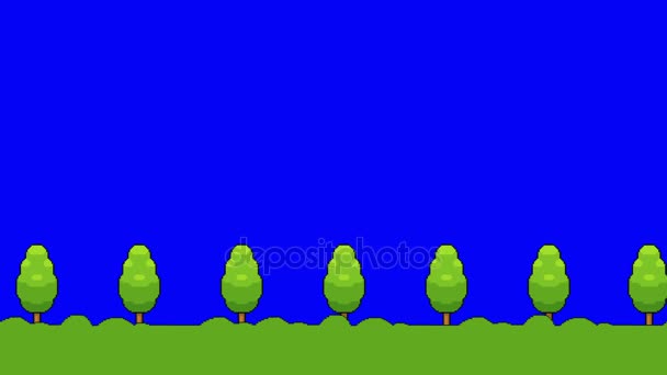 Pixel Art Video Game Grass and Trees on a Blue Screen Moving Forward - Video