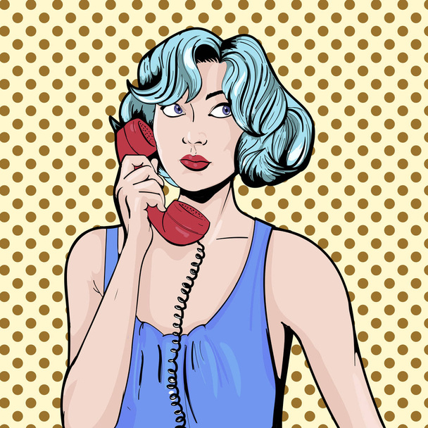 Frau mit Telefon-Pop-Art-Retro-Vektor-Illustration. Comic-Buch - Vektor, Bild