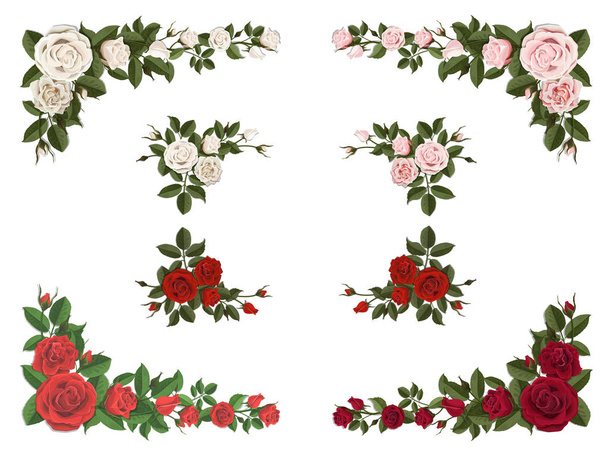 Set of corner bouquet roses different color - Διάνυσμα, εικόνα