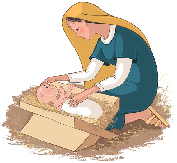 mother mary with child jesus in the manger - Vector, Image