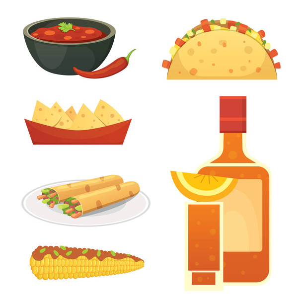 Mexican cuisine cartoon dishes illustration set - Vector, Image