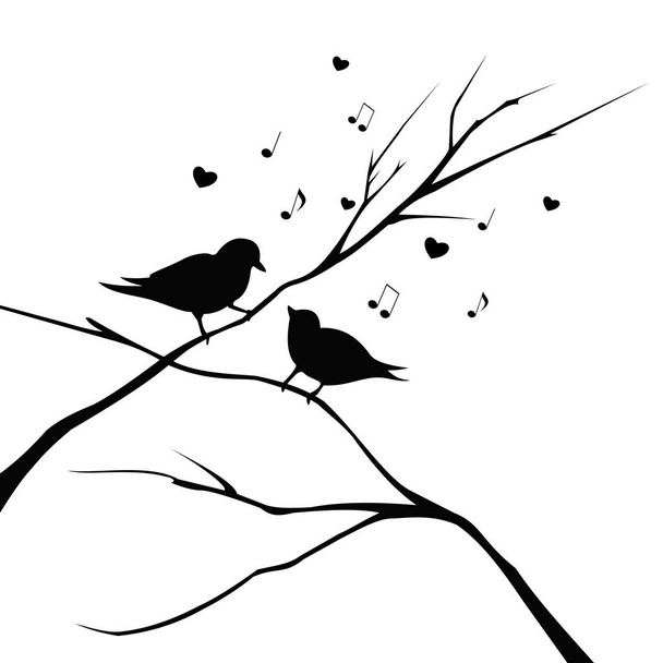 Twee liefdevolle birdies zitten op takken en zingen, schattige vogeltjes zingt met hun snavels en vliegen notities, vectorillustratie vector, logo, teken - Vector, afbeelding