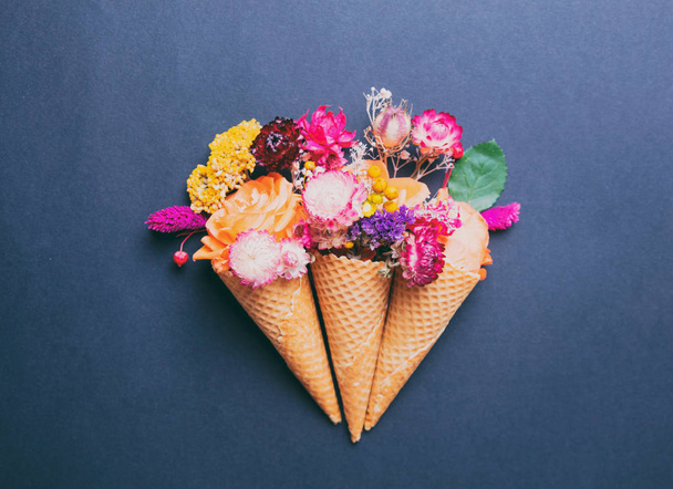 Flowers in waffle ice-cream cones - Photo, Image