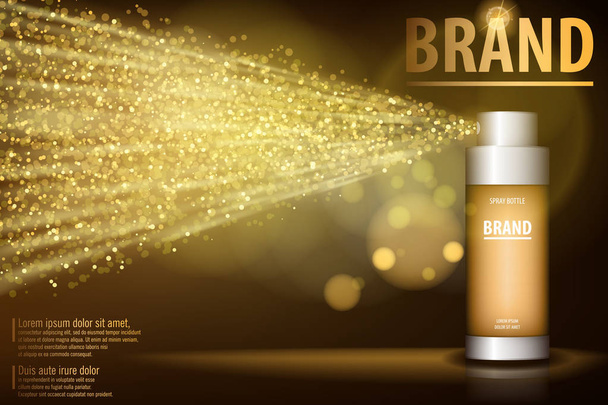 Kulta spray pullo eristetty mustalla taustalla suunnittelua. Realistinen kosmeettinen palkkio mainoksia, kasvohoito ydin. 3D kulta väriaine, läpikuultava sisälsi. Vektoriesimerkki
 - Vektori, kuva