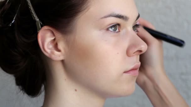 Visage artist making make-up for young model in salon - Séquence, vidéo