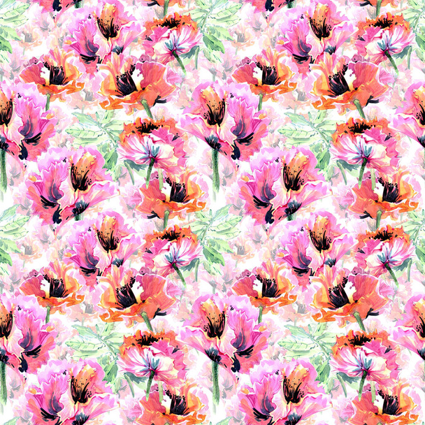 Wildflower poppy flower pattern in a watercolor style isolated. - Fotoğraf, Görsel