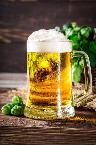 Closeup of fresh and cold beer with wheat and hops - Fotoğraf, Görsel