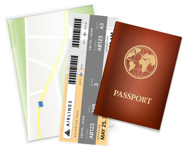 Pasaporte, billete de avión y mapa - accesorios de viaje
 - Vector, Imagen