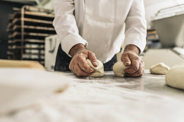 Baker kneading dough in a bakery. - 写真・画像