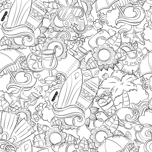 Seamless abstract vector doodle background, summer cartoon wallpaper. Comic pattern. Anti stress coloring book page for adults - Vecteur, image