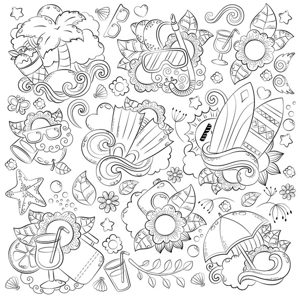Doodle hand drawn vector abstract background, texture, pattern, wallpaper, backdrop. Collection of summer elements. Summer vacation, travel, recreation. Anti-stress coloring book page for adults - Vecteur, image