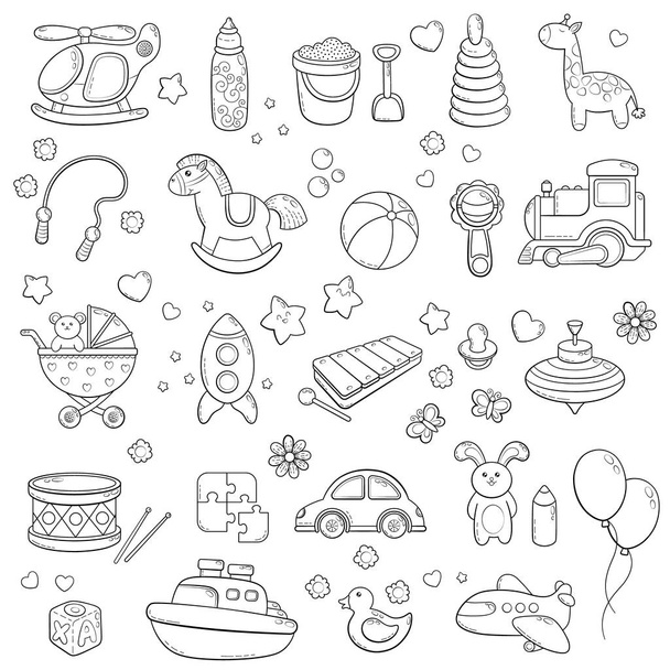Background, texture, backdrop, pattern, wallpaper with children cartoon doodle toys. Educational games for kids, vector illustration. Baby shower. Icons collection set - Διάνυσμα, εικόνα